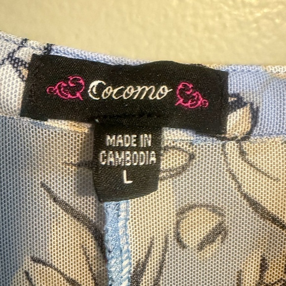 Cocomo Women's size L lined mesh floral blouse Blue work casual 3/4 tab sleeve - Picture 7 of 15